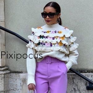 Zara White Floral Embroidered Ruffle Knit Sweater